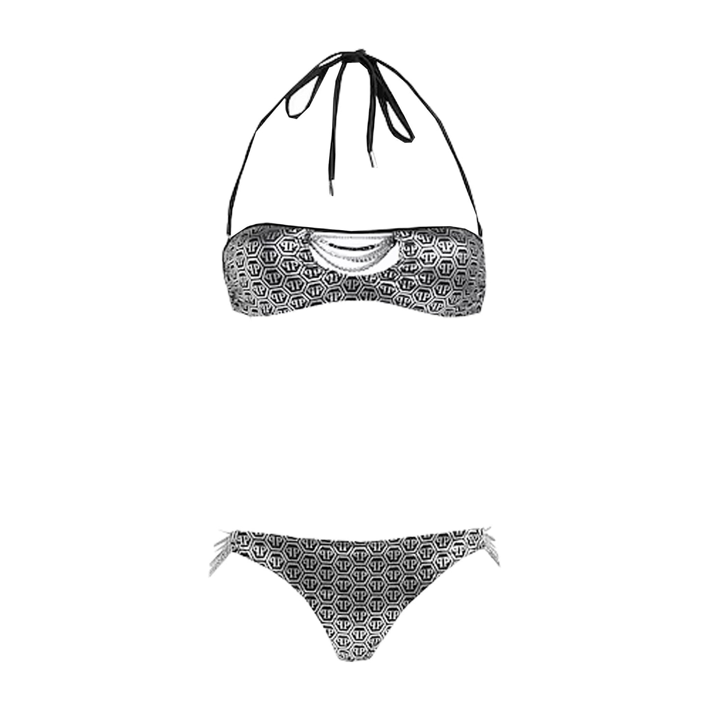 Philipp Plein Chic Grey Lurex Bandeau Bikini with Chain Details