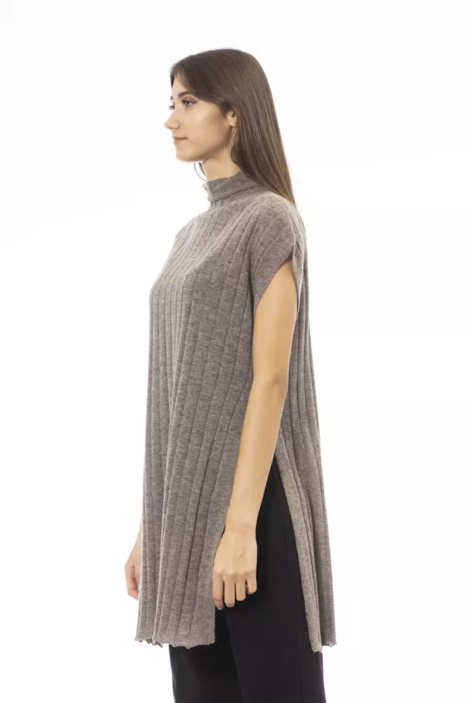 Alpha Studio Brown Wool Women Sweater With Side Slits