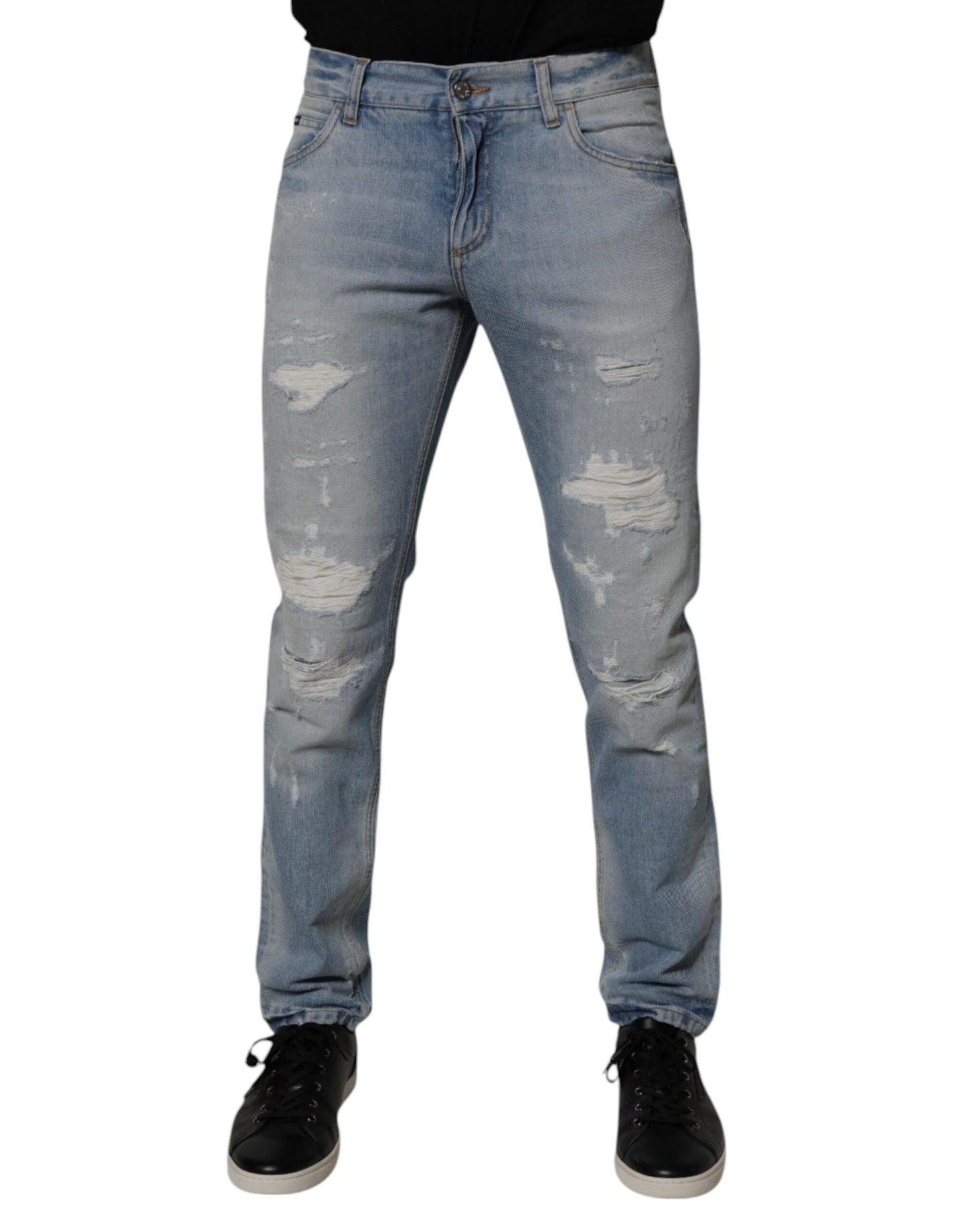 Dolce & Gabbana Blue Tattered Cotton Skinny Men Denim Jeans
