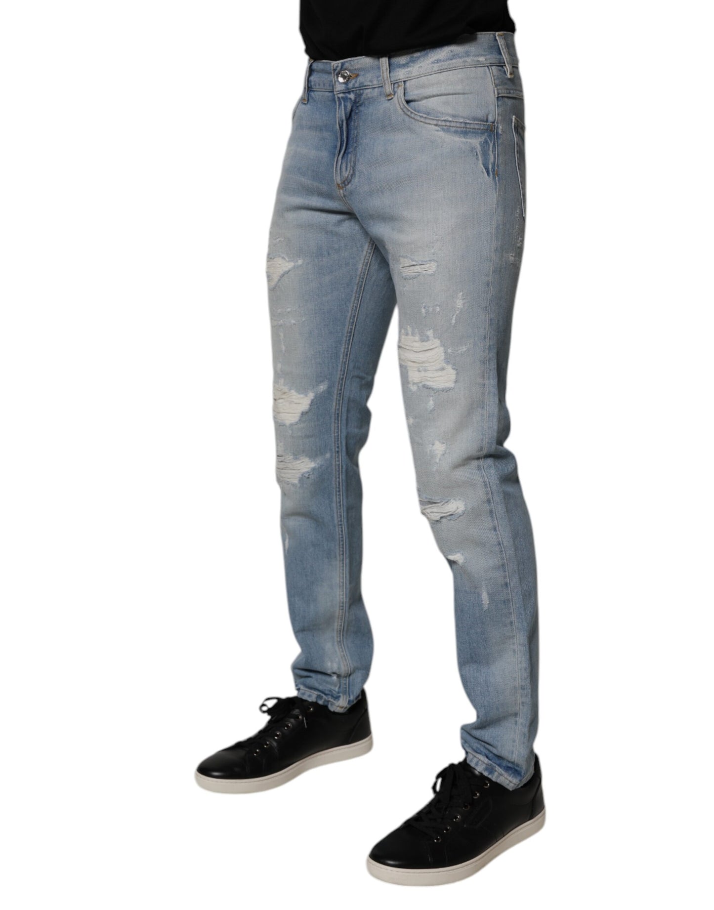 Dolce & Gabbana Blue Tattered Cotton Skinny Men Denim Jeans
