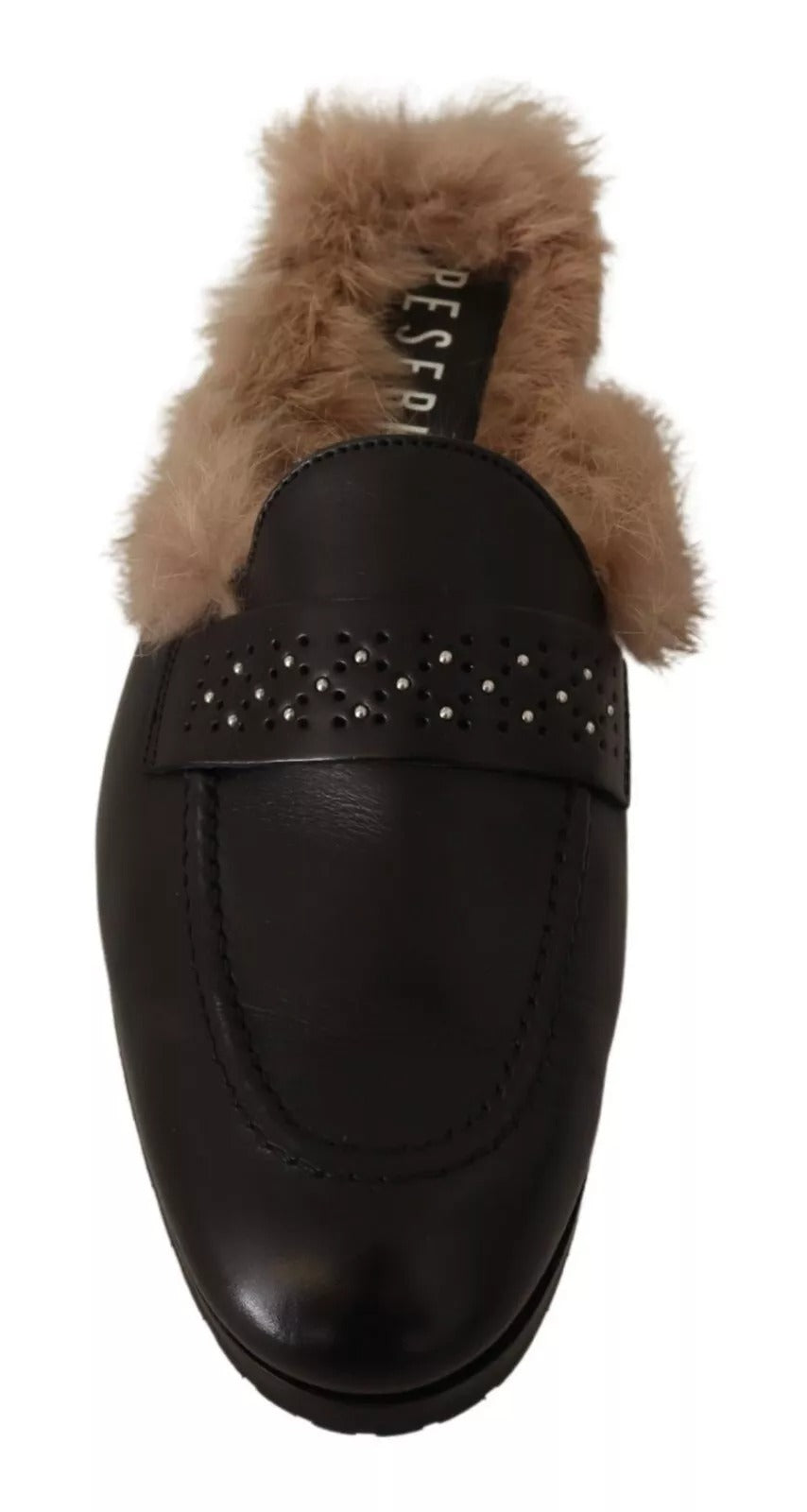 Peserico Black Leather Fur Perforated Slip On Flats Shoes