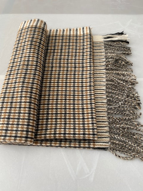 Classic Neutral Plaid Soft Knit Scarf with Fringe