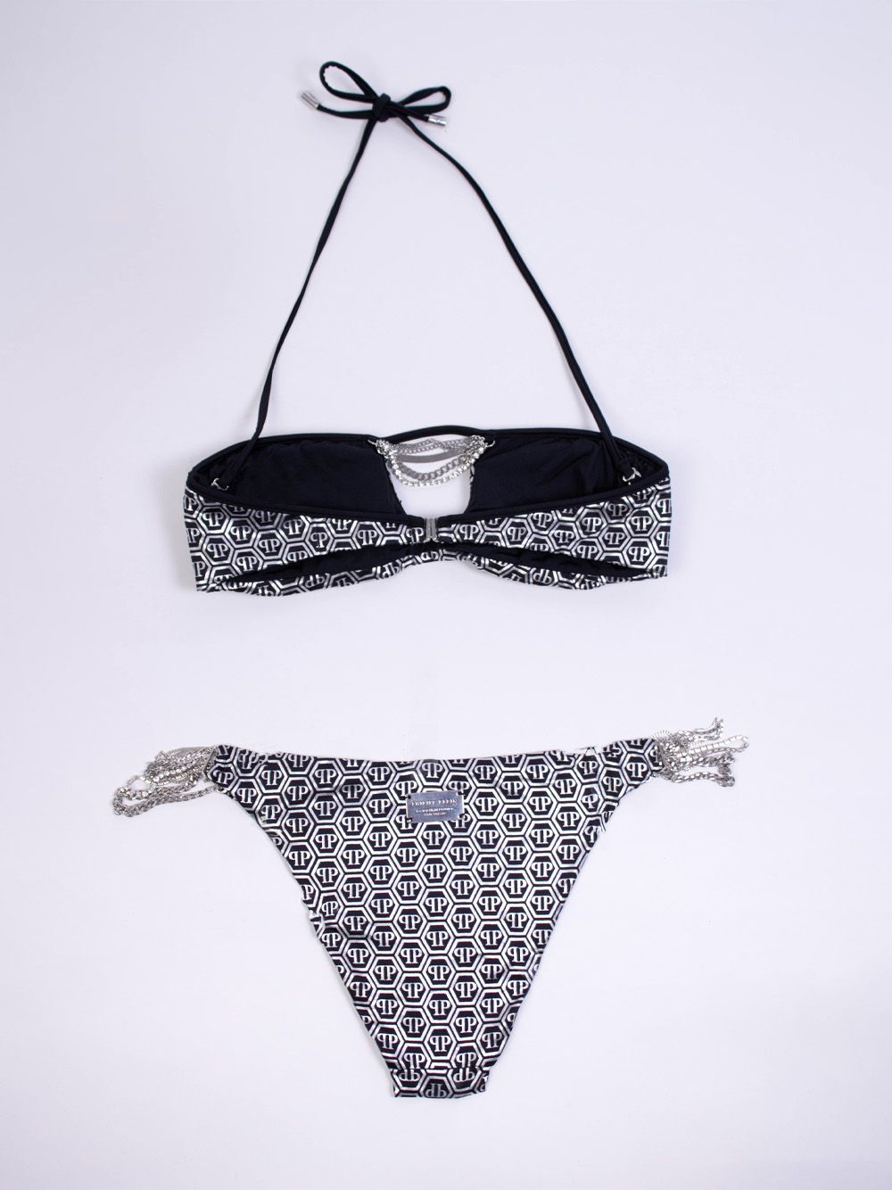 Philipp Plein Chic Grey Lurex Bandeau Bikini with Chain Details