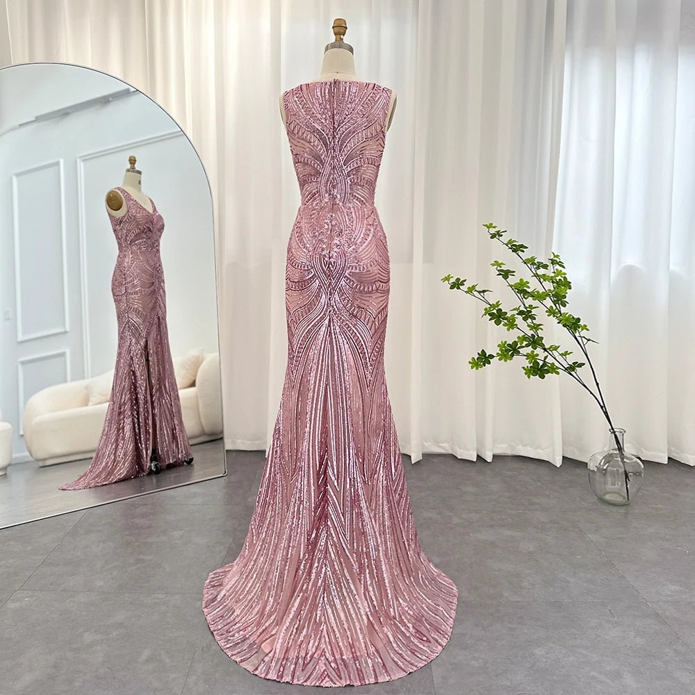 Sharon Said Elegant Pink Sequined Mermaid Evening Dresses for Women Wedding Party Sexy V-Neck Long Graduation Prom Dress SS031