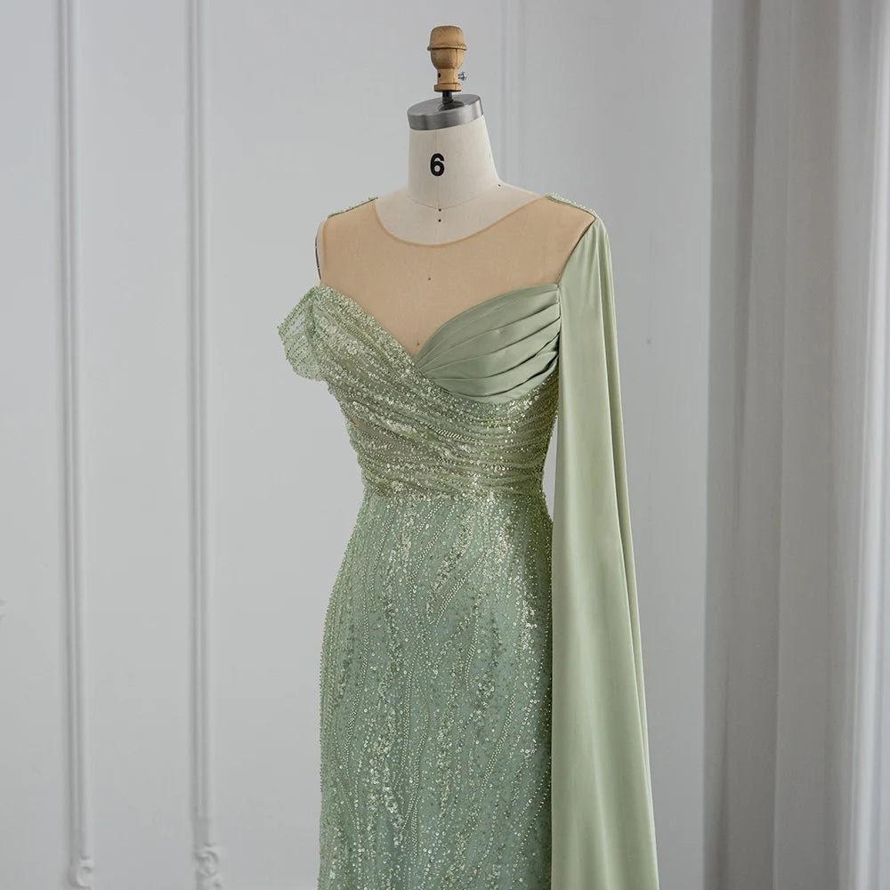 Sharon Said Luxury Dubai Sage Green Mermaid Evening Dress with Cape Sleeve Elegant One Shoulder African Prom Party Dresses RM034