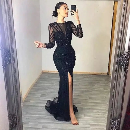 Luxury Black Mermaid Long Sleeve Arabic Evening Dress for Women Party Formal Dresses Front Split Dubai Graduation Prom Dress