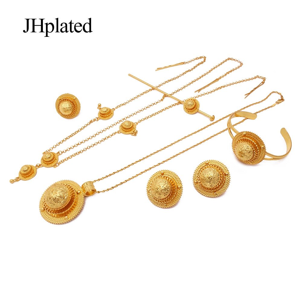 Ethiopian 24K gold plated bridal Jewelry sets Hairpin necklace earrings bracelet ring gifts wedding jewellery set for women