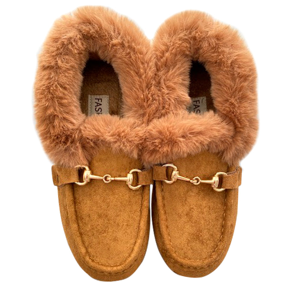 Women’s Faux Fur Lined Suede Loafers – Cozy Winter Slip-On Shoes with Gold Hardware