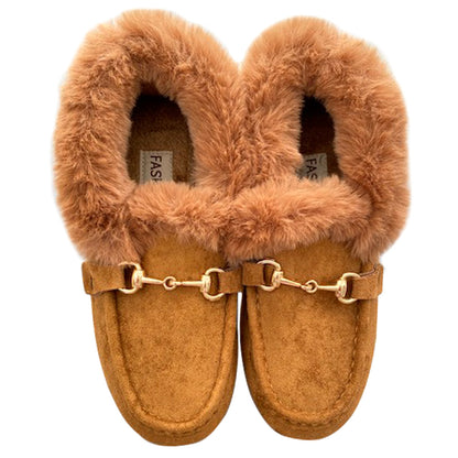 Women’s Faux Fur Lined Suede Loafers – Cozy Winter Slip-On Shoes with Gold Hardware