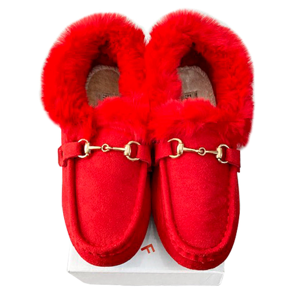 Women’s Faux Fur Lined Suede Loafers – Cozy Winter Slip-On Shoes with Gold Hardware