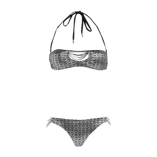 Philipp Plein Chic Grey Lurex Bandeau Bikini with Chain Details