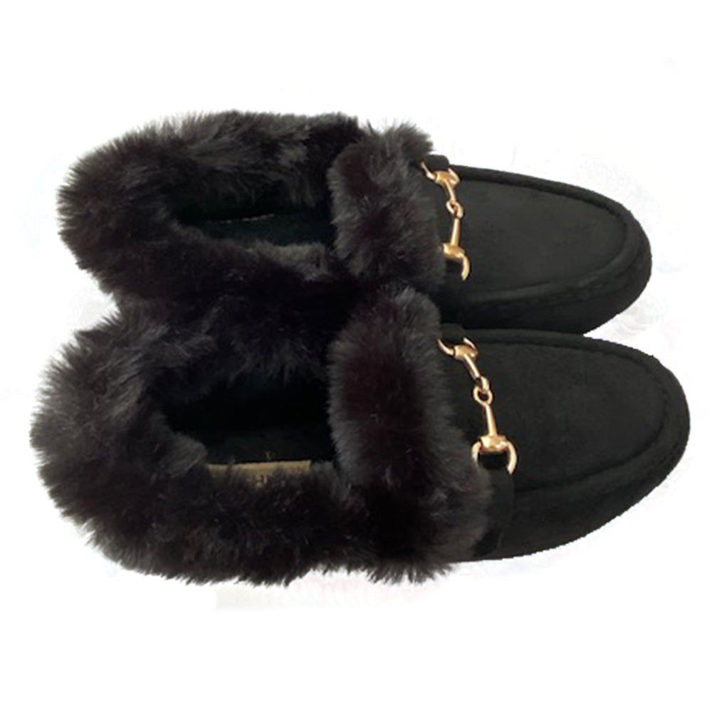Women’s Faux Fur Lined Suede Loafers – Cozy Winter Slip-On Shoes with Gold Hardware
