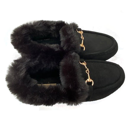Women’s Faux Fur Lined Suede Loafers – Cozy Winter Slip-On Shoes with Gold Hardware