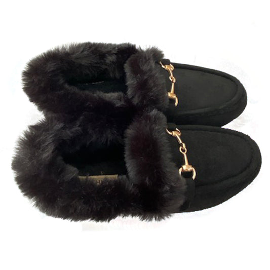 Women’s Faux Fur Lined Suede Loafers – Cozy Winter Slip-On Shoes with Gold Hardware