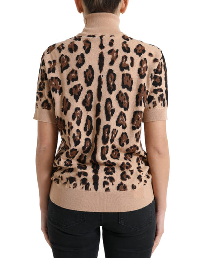 Dolce & Gabbana Elegant Beige Leopard Turtleneck Wool Top