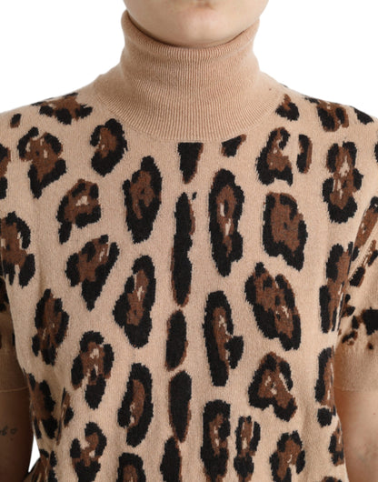Dolce & Gabbana Elegant Beige Leopard Turtleneck Wool Top