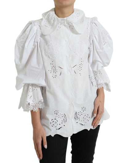 Dolce & Gabbana Elegant White Lace Trim Blouse Top
