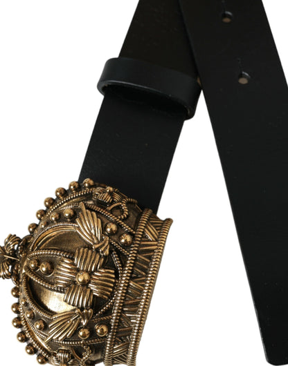 Dolce & Gabbana Black Leather Gold Crown Metal Buckle Belt