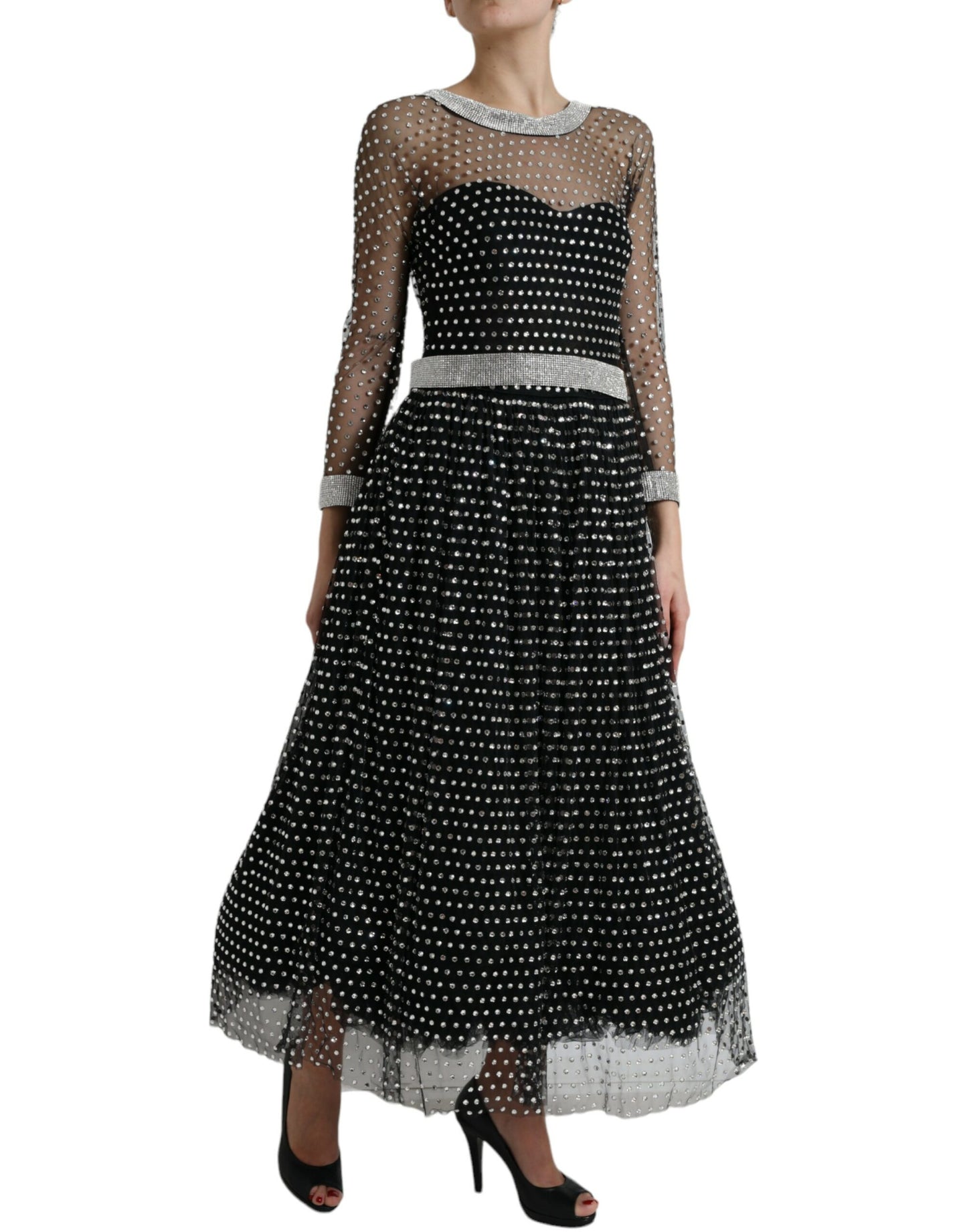 Dolce & Gabbana Elegant Crystal-Embellished Long Black Dress