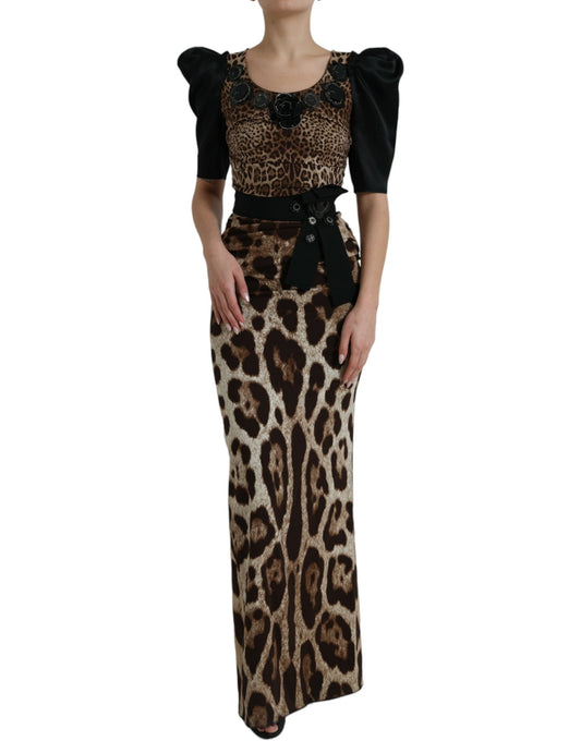 Dolce & Gabbana Silk Leopard Embellished Long Dress