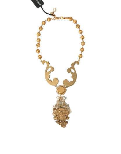 Dolce & Gabbana Gold Brass Angel Floral Beaded Embellished Necklace