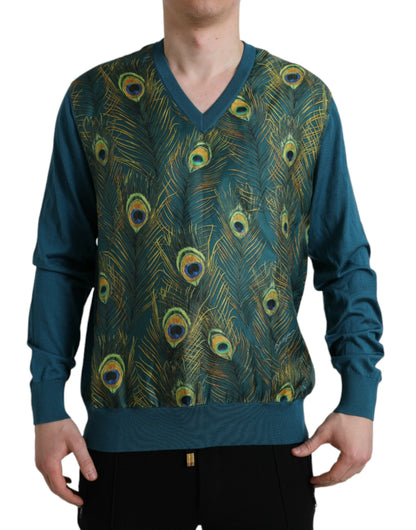 Dolce & Gabbana Silk V-Neck Peacock Feather Sweater