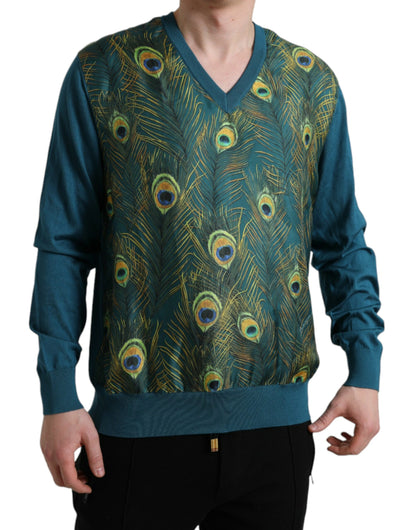 Dolce & Gabbana Silk V-Neck Peacock Feather Sweater
