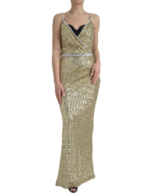 Dolce & Gabbana Golden Sequin Evening Dress with Silk Blend Lining