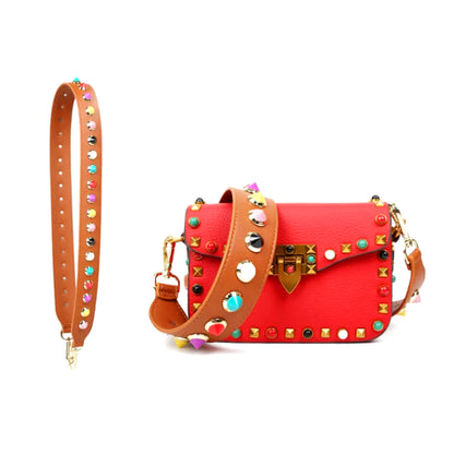 Colorful Studded Wide Leather Bag Strap – Adjustable Designer Shoulder Strap