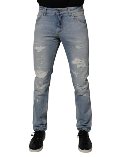 Dolce & Gabbana Blue Tattered Cotton Skinny Men Denim Jeans