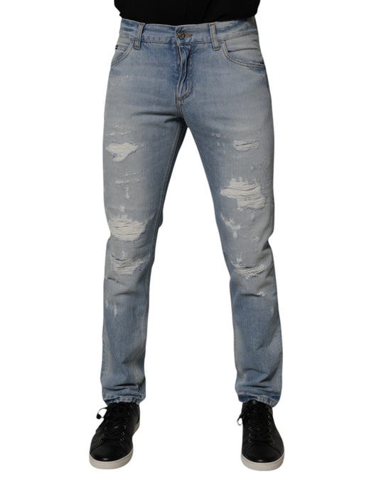 Dolce & Gabbana Blue Tattered Cotton Skinny Men Denim Jeans