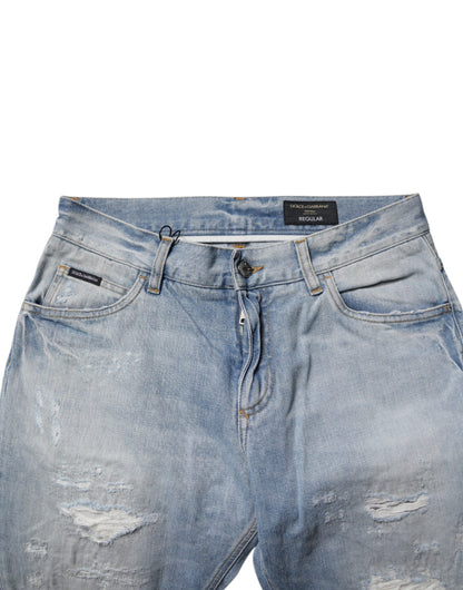 Dolce & Gabbana Blue Tattered Cotton Skinny Men Denim Jeans