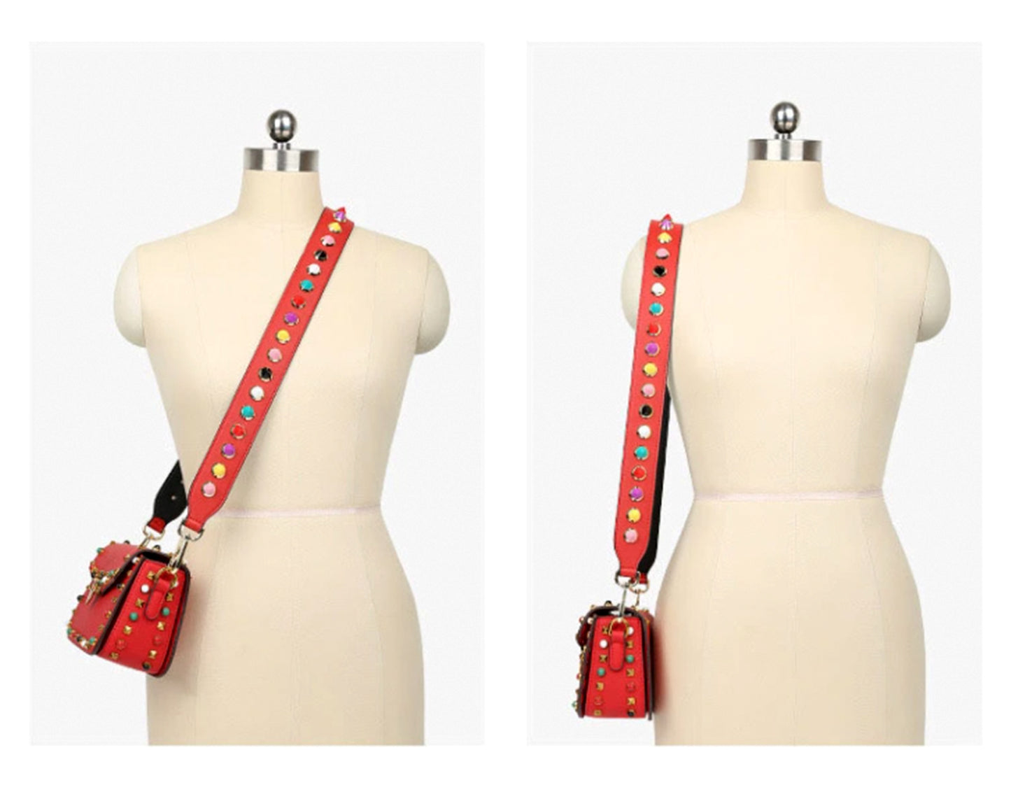 Colorful Studded Wide Leather Bag Strap – Adjustable Designer Shoulder Strap
