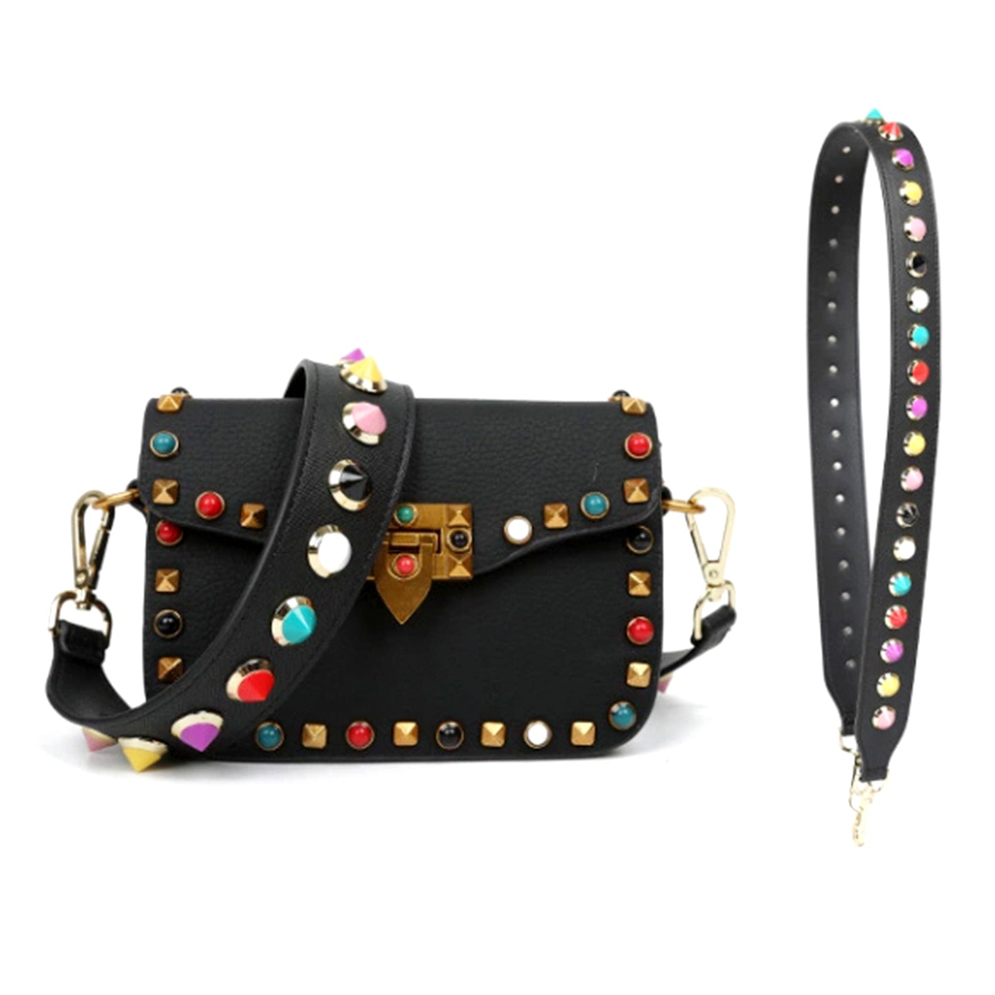 Colorful Studded Wide Leather Bag Strap – Adjustable Designer Shoulder Strap