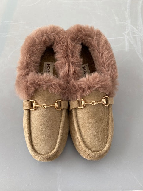 Women’s Faux Fur Lined Suede Loafers – Cozy Winter Slip-On Shoes with Gold Hardware