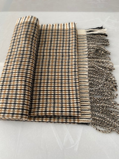 Classic Neutral Plaid Soft Knit Scarf with Fringe