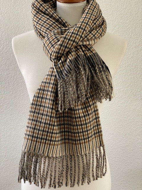 Classic Neutral Plaid Soft Knit Scarf with Fringe