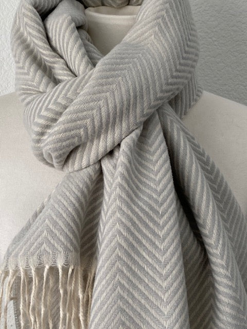 Gray Herringbone Soft Knit Scarf with Fringe