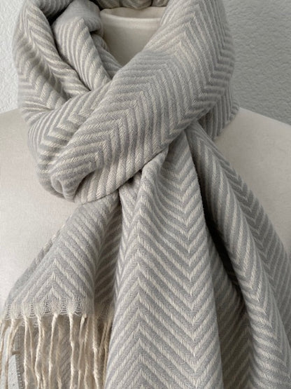 Gray Herringbone Soft Knit Scarf with Fringe