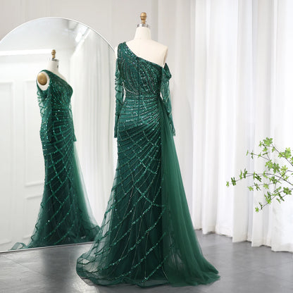 Sharon Said Emerald Green One Shoulder Mermaid Evening Dress with Overskirt Long Sleeves Luxury Dubai Wedding Party Gowns SS413