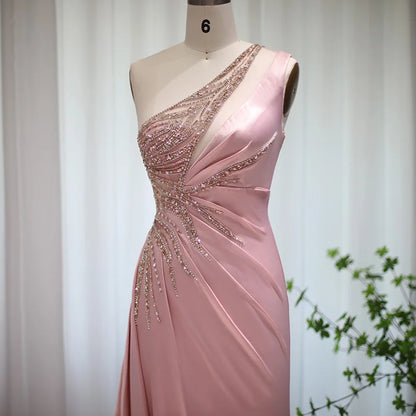 Sharon Said Blush Pink Mermaid One Shoulder Evening Dress Luxury Dubai High Slit Long Prom Party Dresses for Wedding Guest RM127