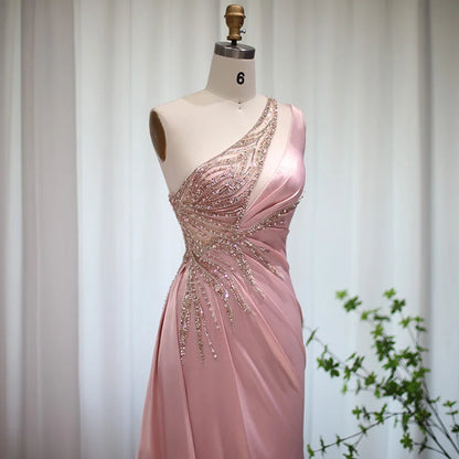 Sharon Said Blush Pink Mermaid One Shoulder Evening Dress Luxury Dubai High Slit Long Prom Party Dresses for Wedding Guest RM127