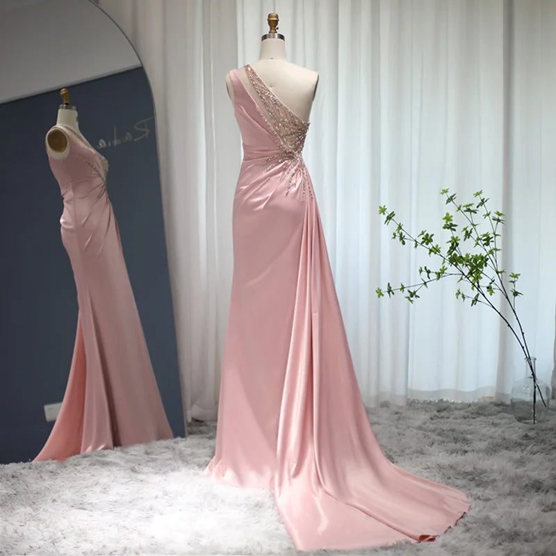 Sharon Said Blush Pink Mermaid One Shoulder Evening Dress Luxury Dubai High Slit Long Prom Party Dresses for Wedding Guest RM127