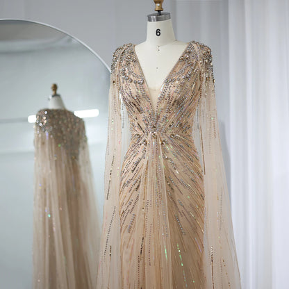 Sharon Said Luxury Dubai Sage Green Evening Dresses with Cape Fuchsia Crystal Gold Elegant Women Wedding Formal Party Gown SS399