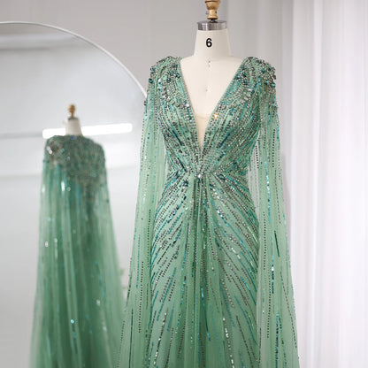 Sharon Said Luxury Dubai Sage Green Evening Dresses with Cape Fuchsia Crystal Gold Elegant Women Wedding Formal Party Gown SS399