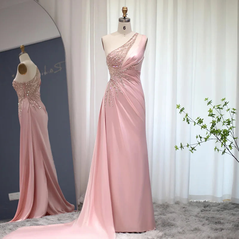 Sharon Said Blush Pink Mermaid One Shoulder Evening Dress Luxury Dubai High Slit Long Prom Party Dresses for Wedding Guest RM127