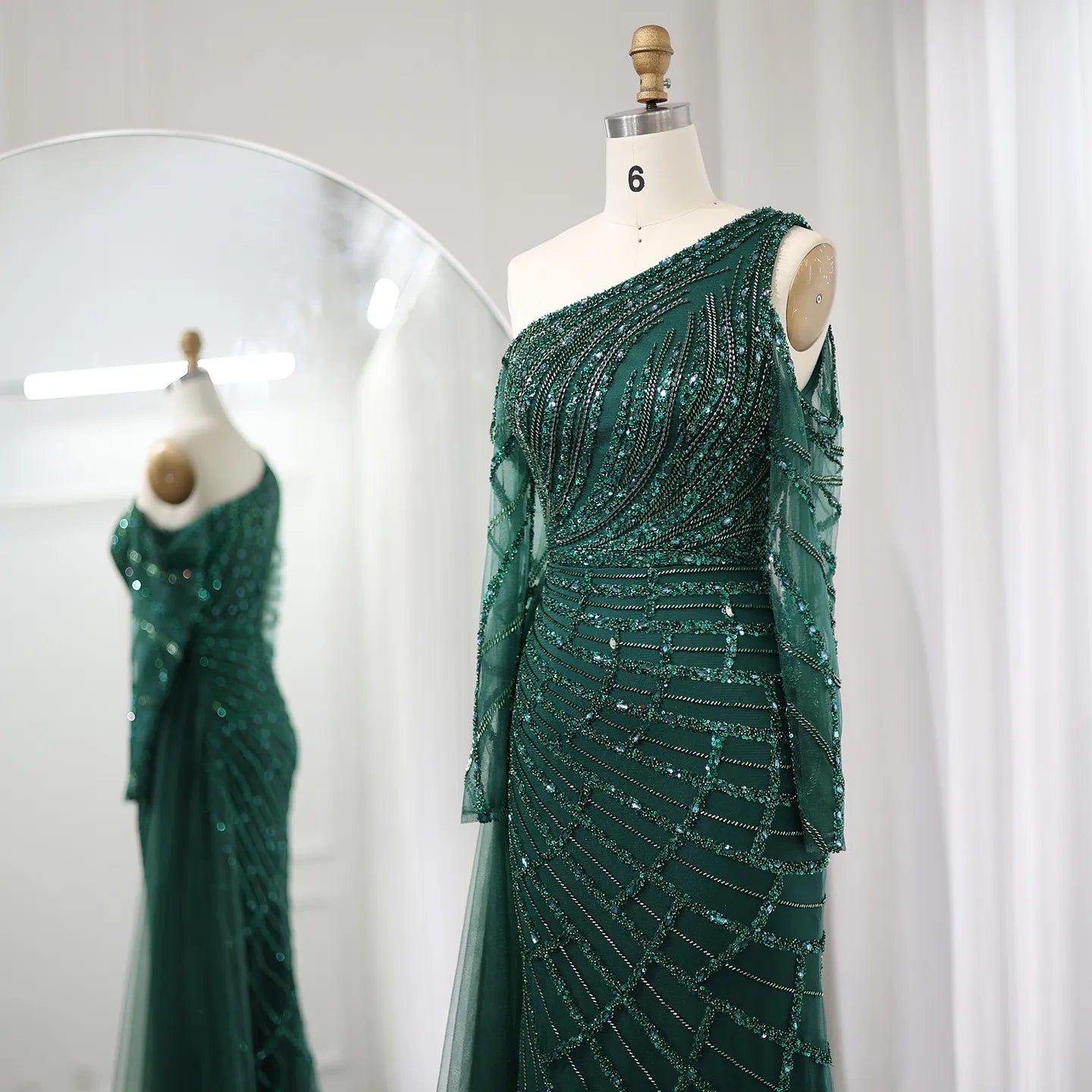 Sharon Said Emerald Green One Shoulder Mermaid Evening Dress with Overskirt Long Sleeves Luxury Dubai Wedding Party Gowns SS413