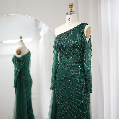 Sharon Said Emerald Green One Shoulder Mermaid Evening Dress with Overskirt Long Sleeves Luxury Dubai Wedding Party Gowns SS413