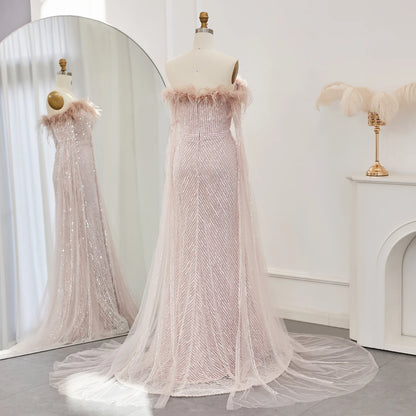 Sharon Said Luxury Dubai Feathers Mermaid Sage Green Evening Dresses with Cape Sleeves Pink Yellow Wedding Party Gowns SS215
