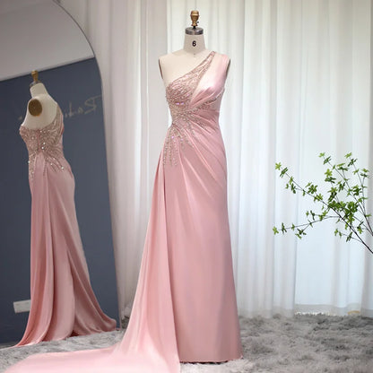 Sharon Said Blush Pink Mermaid One Shoulder Evening Dress Luxury Dubai High Slit Long Prom Party Dresses for Wedding Guest RM127